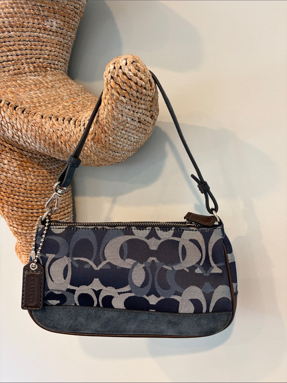 Coach Navy Signature Jacquard Mini Shoulder Bag Canvas & suede